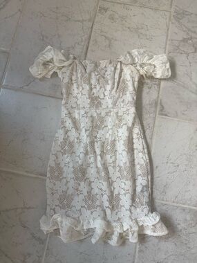 Hello Molly White Off-Shoulder Lace Mini Dress